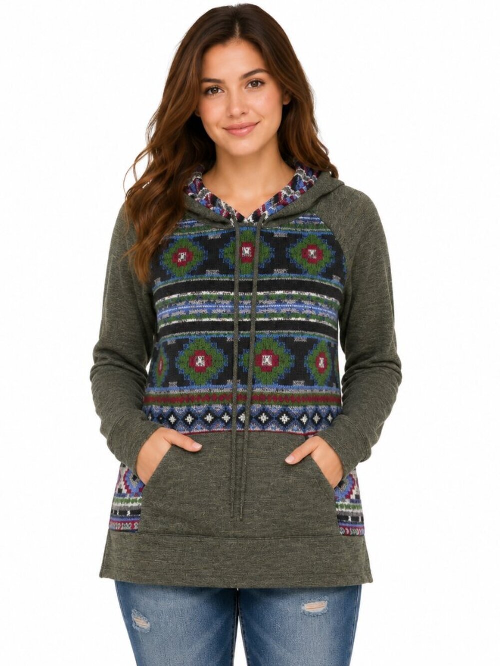 Women's M Olive Aztec Fair Isle Full Zip Hoodie Tunic Boho